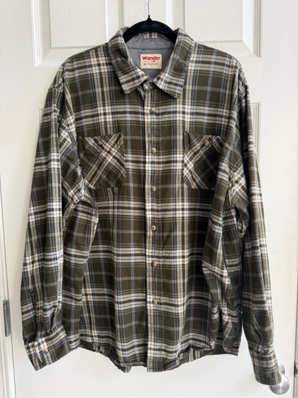 Wrangler Men’s Olive & Cream Plaid Button-Up Shirt